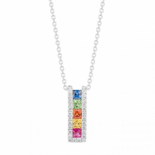 Jewelry Necklace Multi Sapphire, Ruby and Diamond 14kt White Gold Pendant